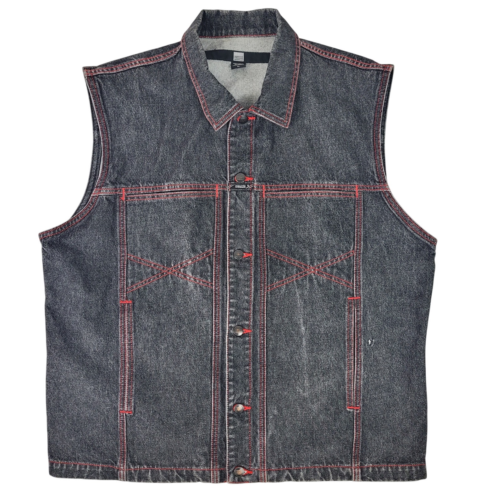 Y2k Marithe + Francois Girbaud Denim Vest Black Red Stitching Men's Sz Xl
